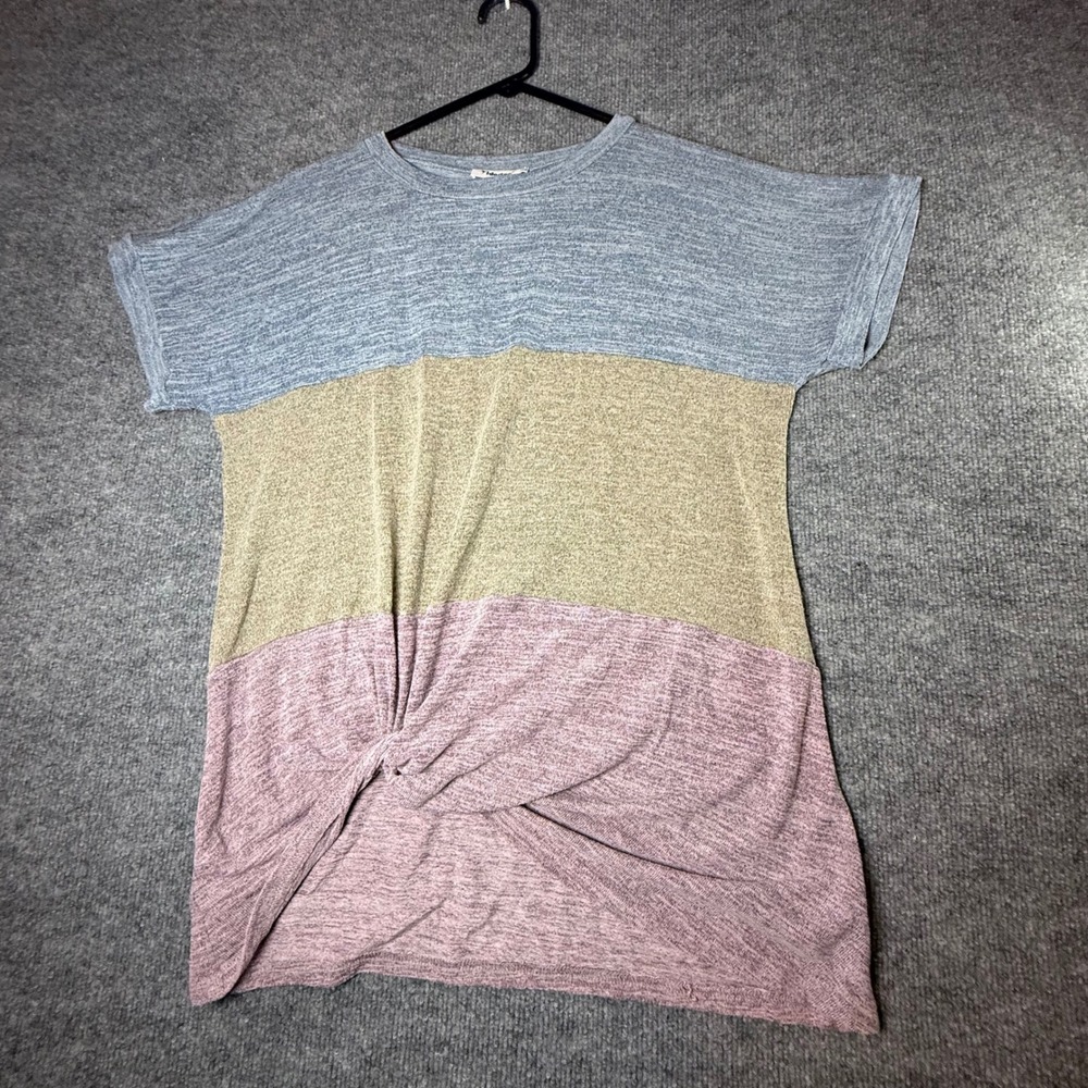 Yidarton Womens XL Colorblock Twist Front Knit Top Blue Tan Mauve Short Sleeve